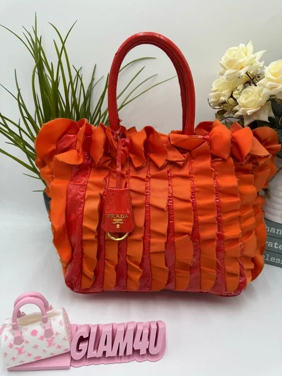 Prada Rare Arancio Orange Tessuto Ruffle Tote Bag BN1728 Vernice Patent Leather - Picture 1 of 14